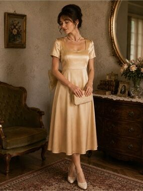 Vintage rose gold Satin Maxi Dress tulle Bow Cottagecore Regencycore 6 medium